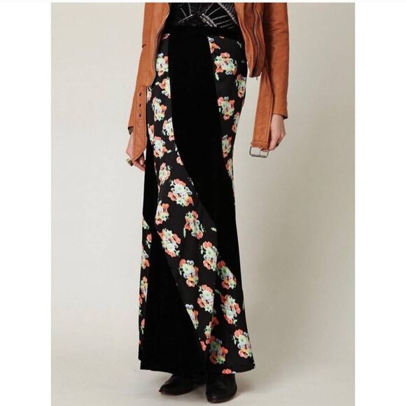 Free people size 8 twisted floral satin black velvet maxi skirt new - Picture 2 of 7